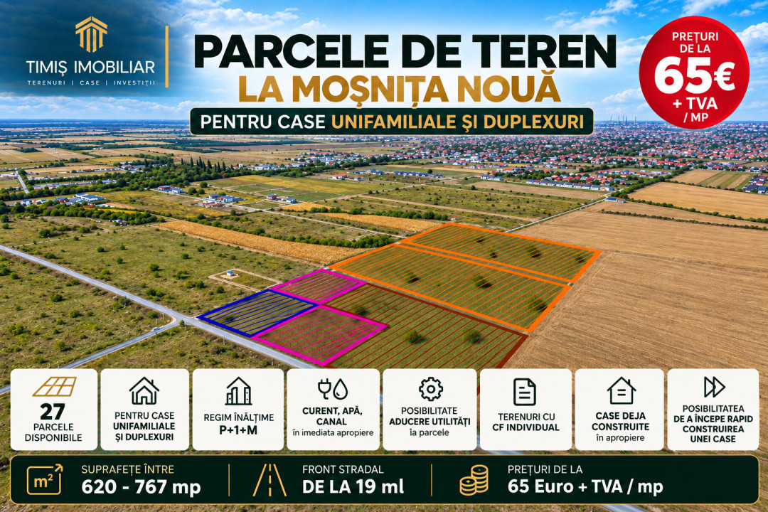 Terenuri 620–767 mp, CF individual – Moșnița Nouă | 0% comision